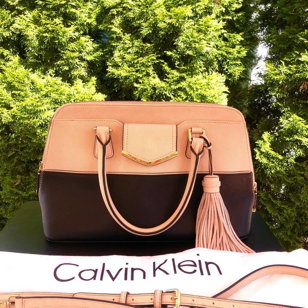 Calvin Klein Tan and Black Satchel with Tassel Detail